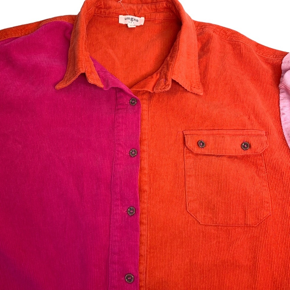 UMGEE Size L Colorblock Pink‎ Orange Corduroy Shacket Shirt Jacket - Picture 7 of 12